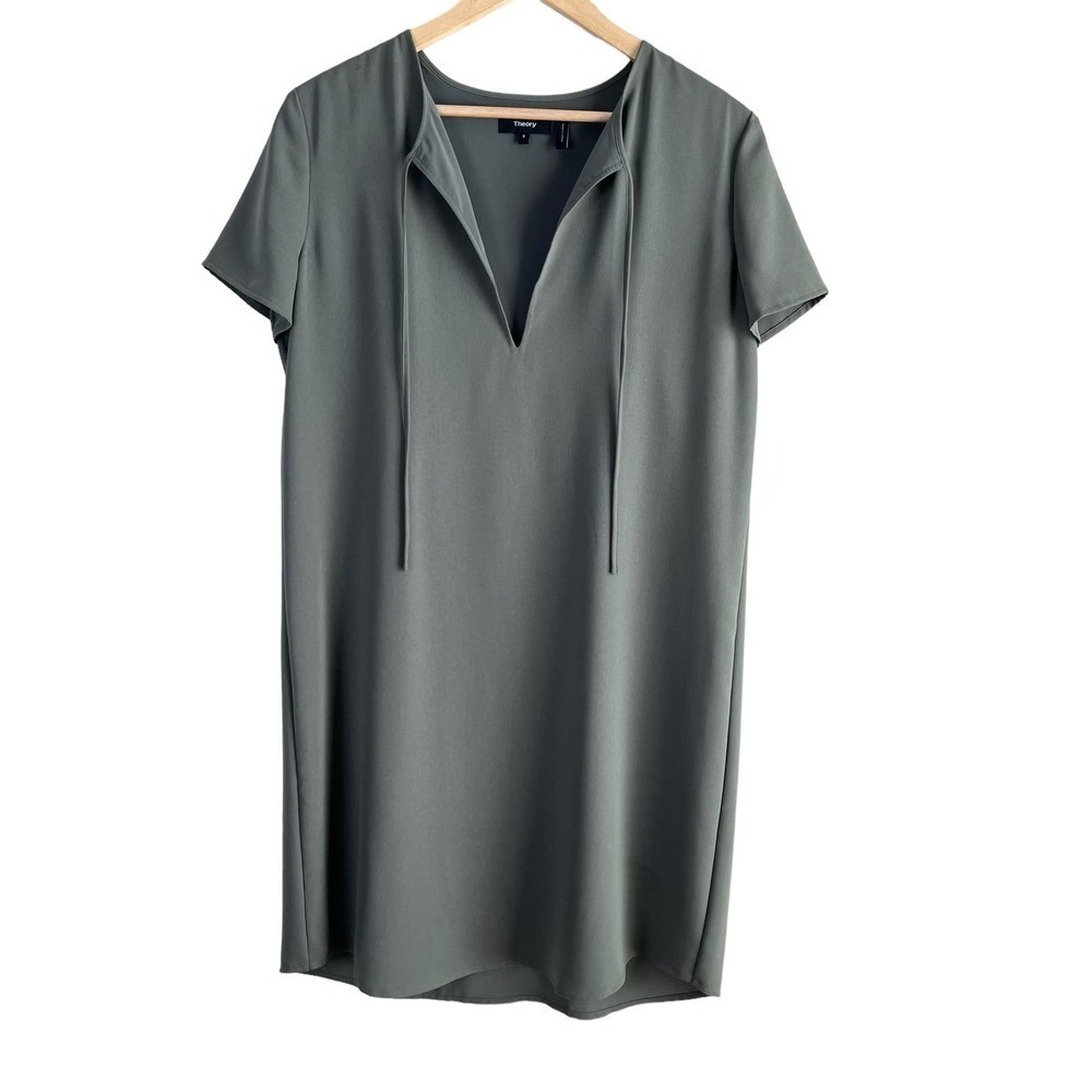 Theory Antazie Tie Front Shift Mini Dress Drapey Crepe in Military Green, Size 8